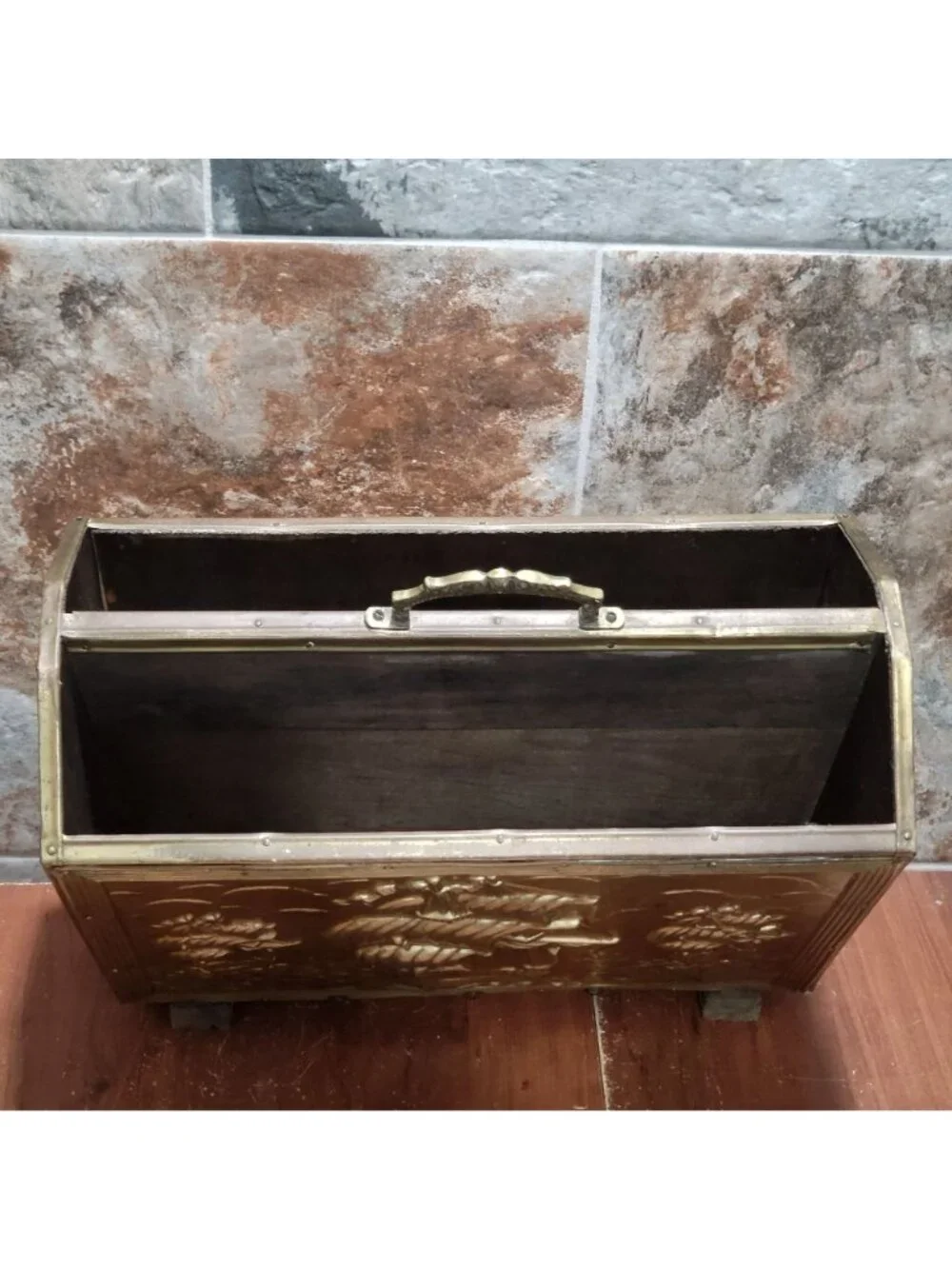 Antique Embossed Brass Fireplace Coal Box Magazine Bin Sailing Ships Vintage